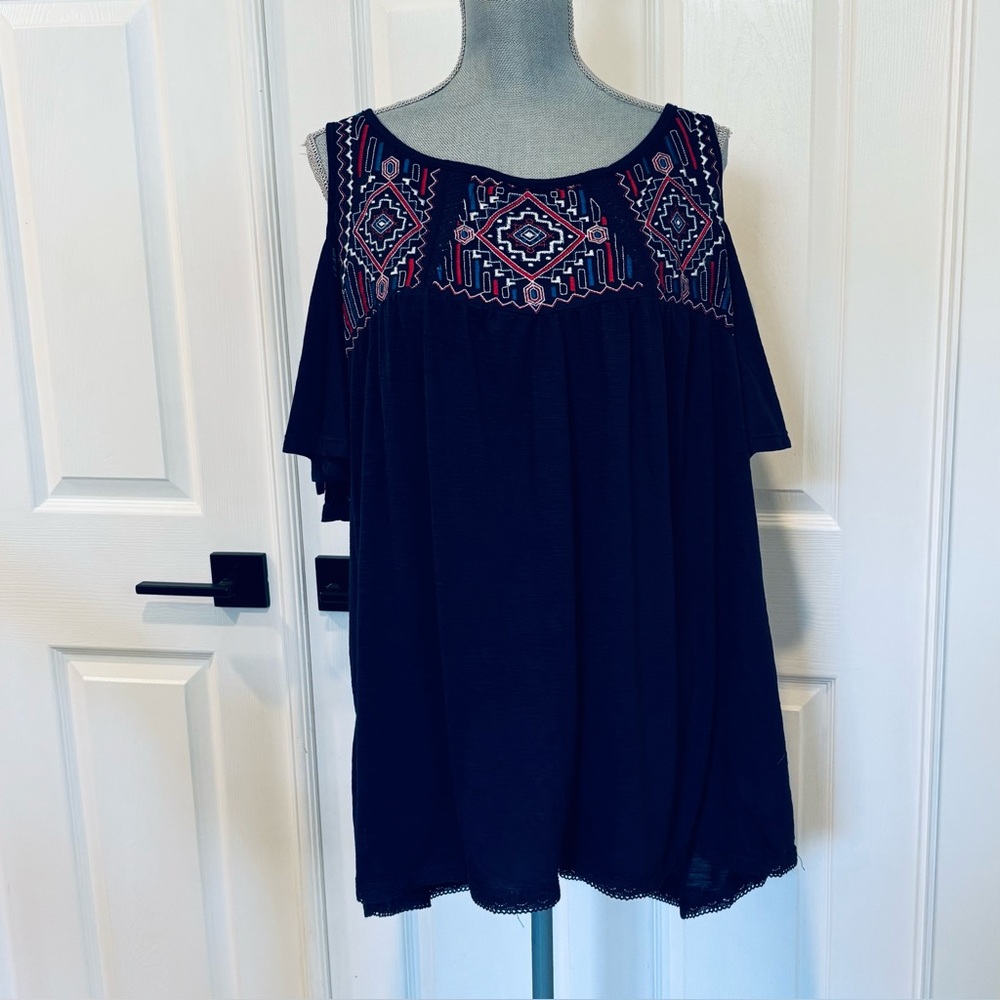 Kelly Renee Women’s ‎Navy Blue Top SIZE 1X NEW Boho Embroidered Southwest Folk